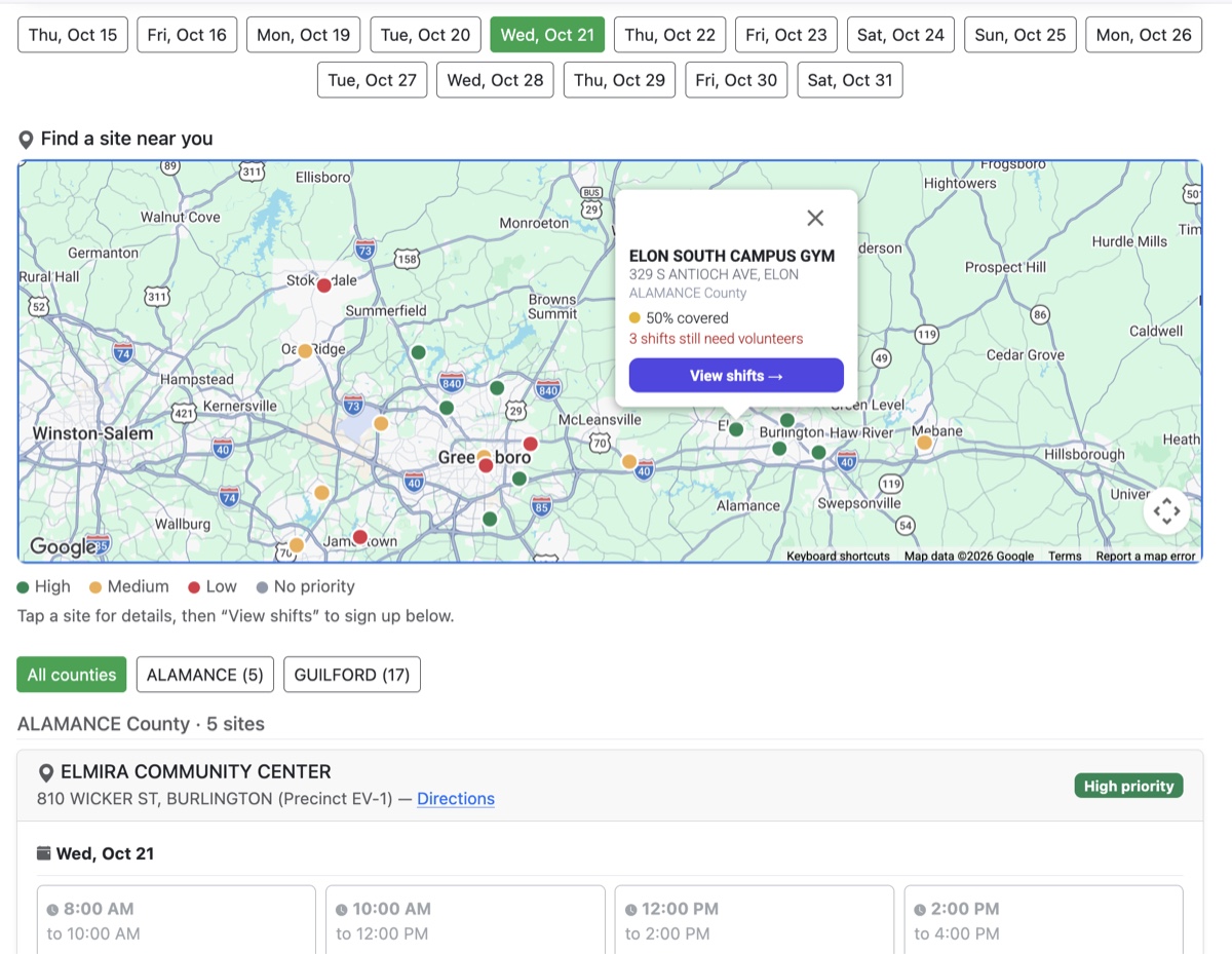 Greeters pick a polling site off a map and see which shifts still need volunteers